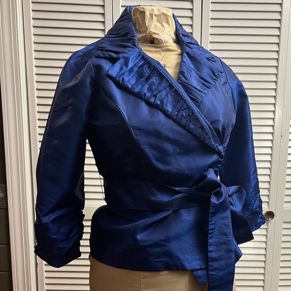 Formal blue silk-like wrap top - Picture 3 of 7
